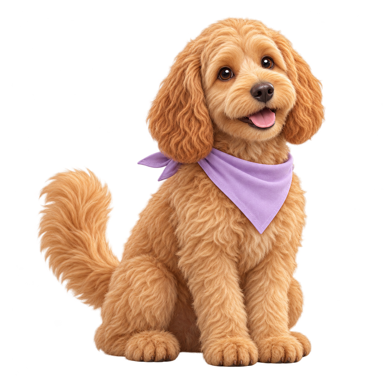 Our fluffy golden cockapoo mascot wearing a lilac bandana